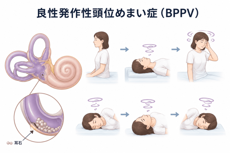 良性発作性頭位めまい症（BPPV）の解説図。内耳の三半規管に剥がれ落ちた耳石と、頭の向きを変えることでめまいが起こる仕組みを示すイラスト