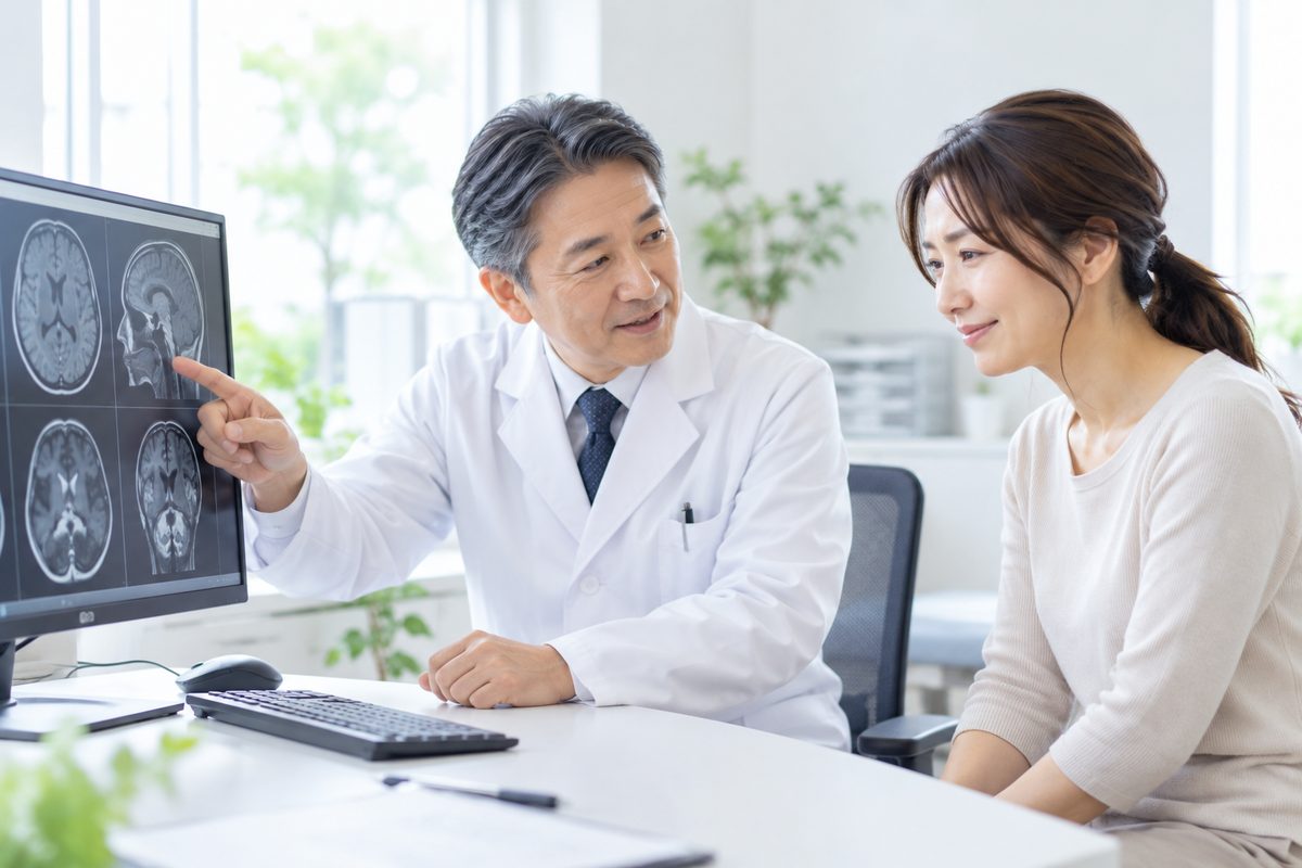 頭部MRI画像を見せながら患者に説明する医師