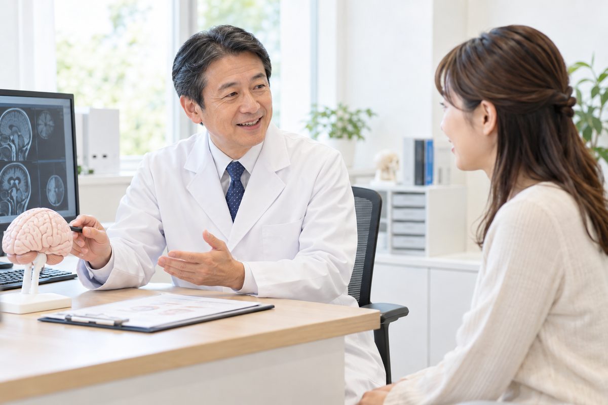 頭痛の予防治療について患者に説明する医師