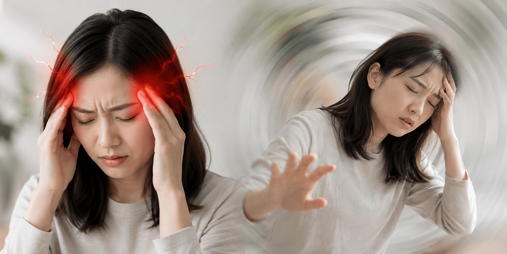 頭痛とめまいに悩む女性。こめかみを押さえてつらそうにする様子と、めまいでふらつく様子