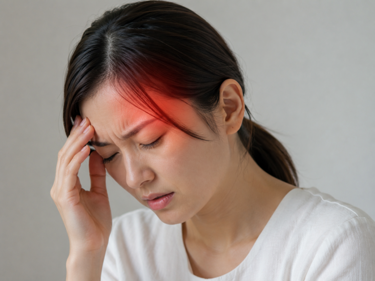 こめかみを押さえてつらそうにする女性。前頭部の痛みを赤く表現した頭痛のイメージ