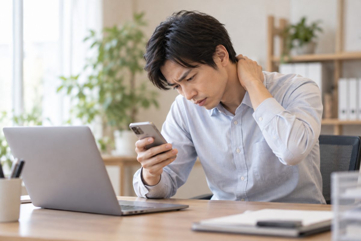 うつむいた姿勢でスマートフォンを見ながら首の後ろをさする男性