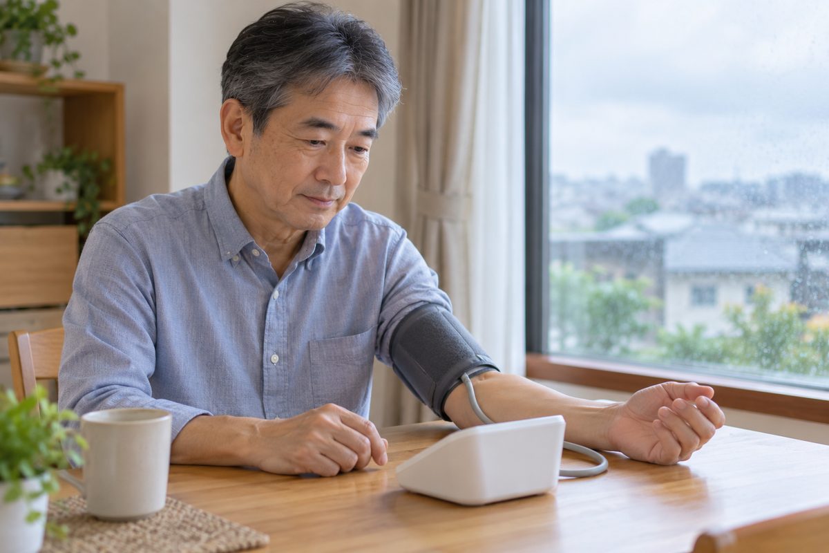 家庭で血圧を測る男性