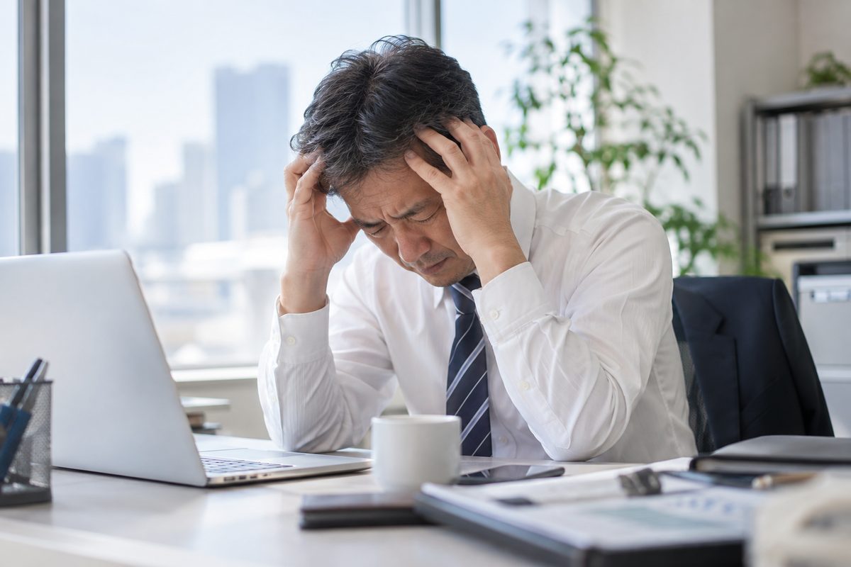 突然の激しい頭痛に頭を抱える男性