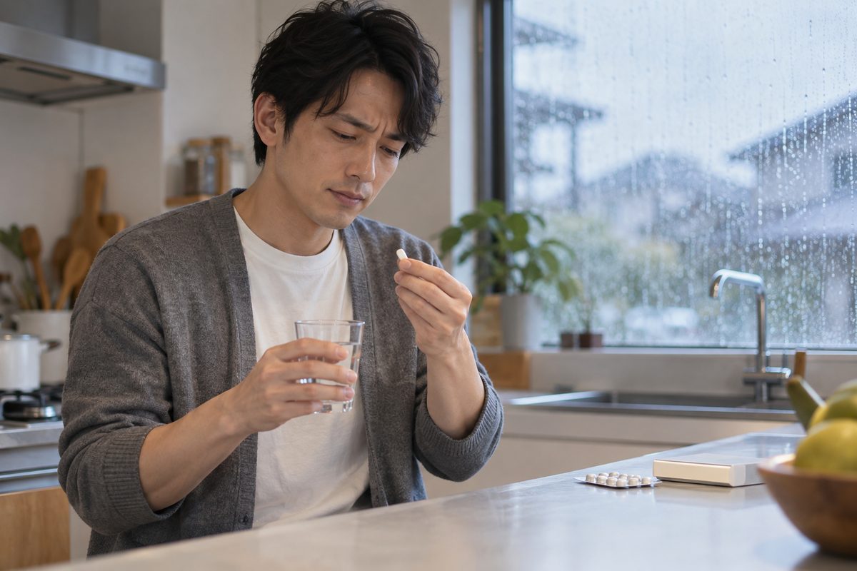 頭痛の痛み始めに頭痛薬を飲む男性