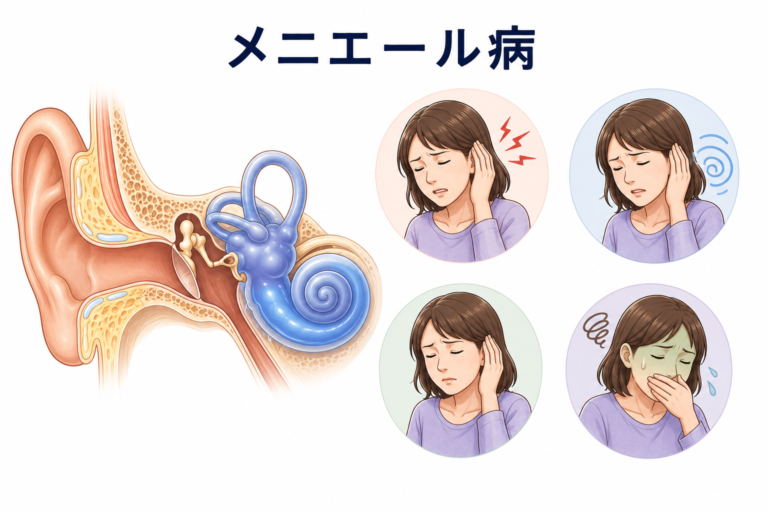 メニエール病の解説図。内耳の構造と、耳鳴り・回転性めまい・難聴・吐き気といった主な症状を示すイラスト