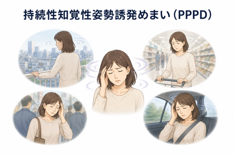 持続性知覚性姿勢誘発めまい（PPPD）の解説図。立ち姿勢や人混み、スーパーの陳列棚、車の移動などでめまいが悪化する様子を示すイラスト