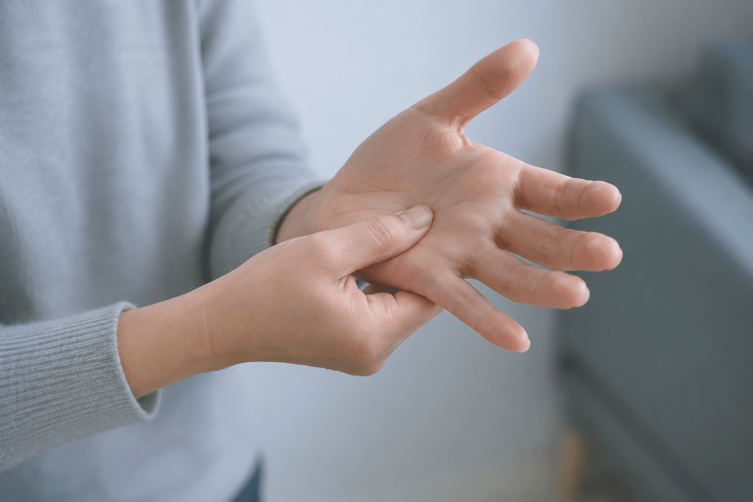 女性が手の指・甲をもう一方の手でさすっている（しびれ・違和感の症状を表現）
