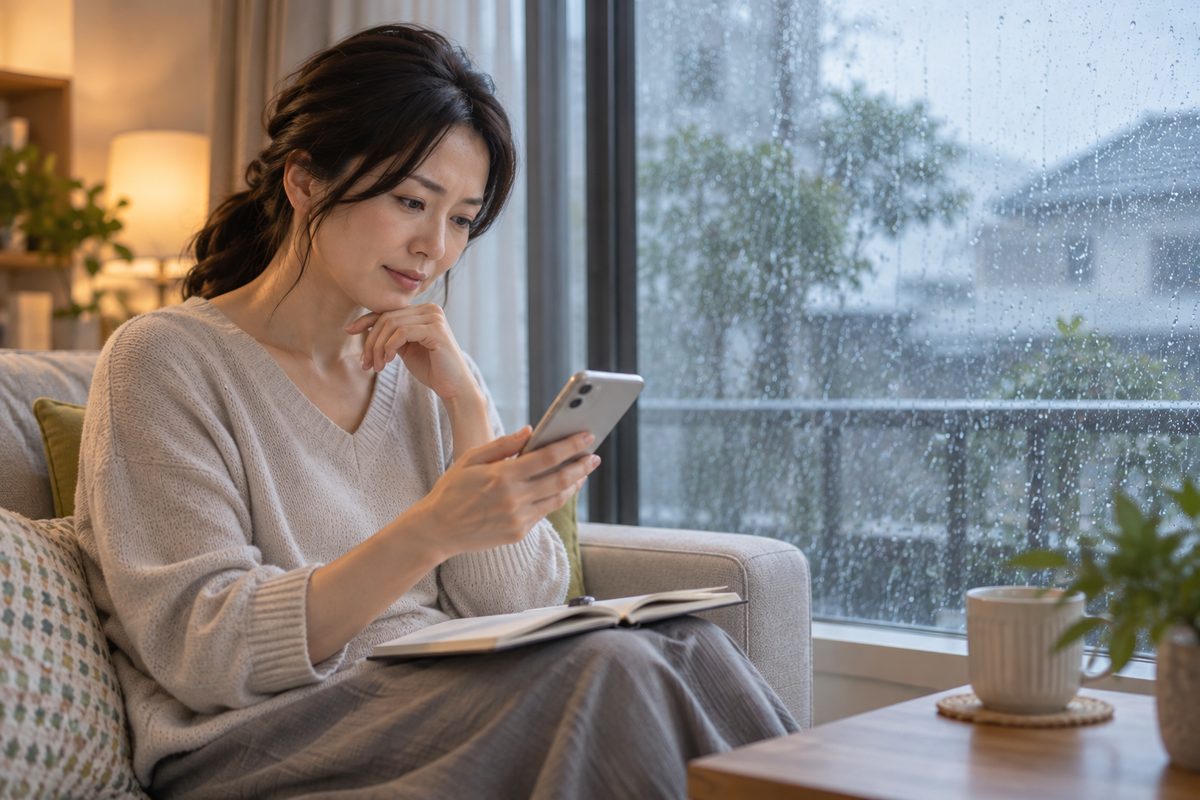 雨の日にスマートフォンで頭痛の記録を確認する女性