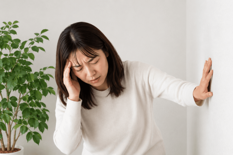 めまいやふらつきで壁に手をつき、こめかみを押さえてつらそうにする女性