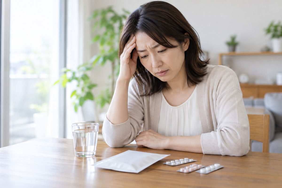 処方薬を前に頭痛が続き悩む女性