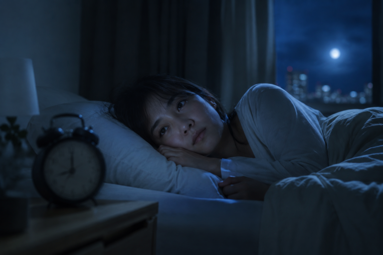 夜のベッドで目を開けたまま眠れずにいる女性。不眠や睡眠不足のイメージ