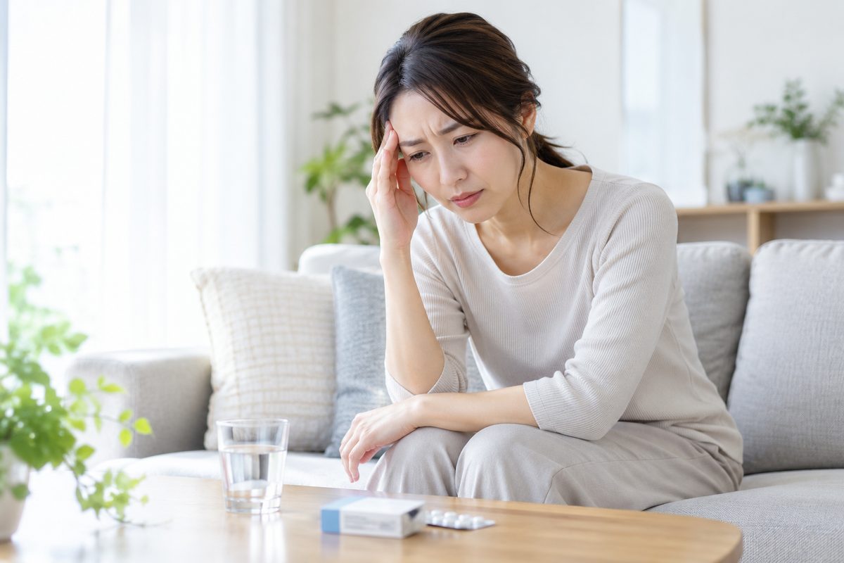 何日も続く頭痛に悩みソファでこめかみを押さえる女性