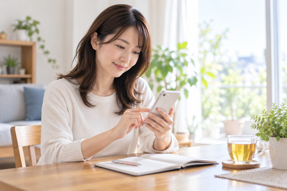 スマートフォンで頭痛の記録をつける女性