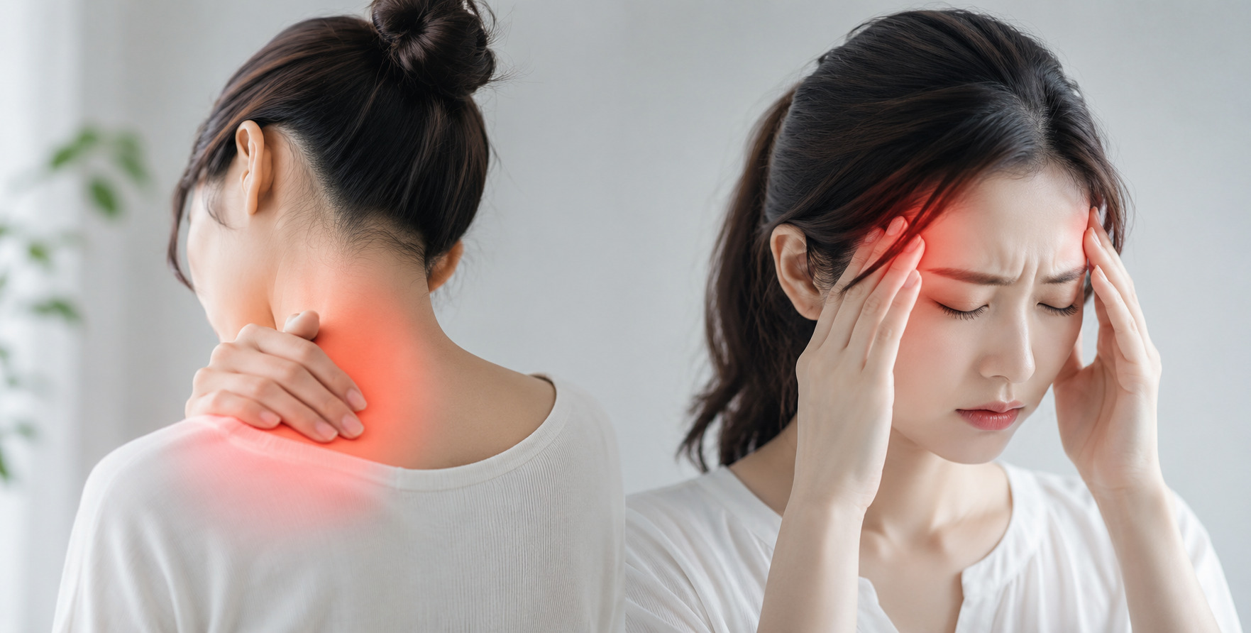肩こり・首こりと頭痛に悩む女性を並べた、噛み合わせの不調による全身症状のイメージ