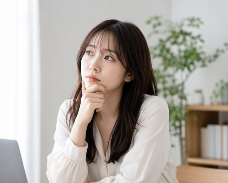 頬に手を当てて考え込む女性。頭痛やめまいの症状について思いを巡らせる様子
